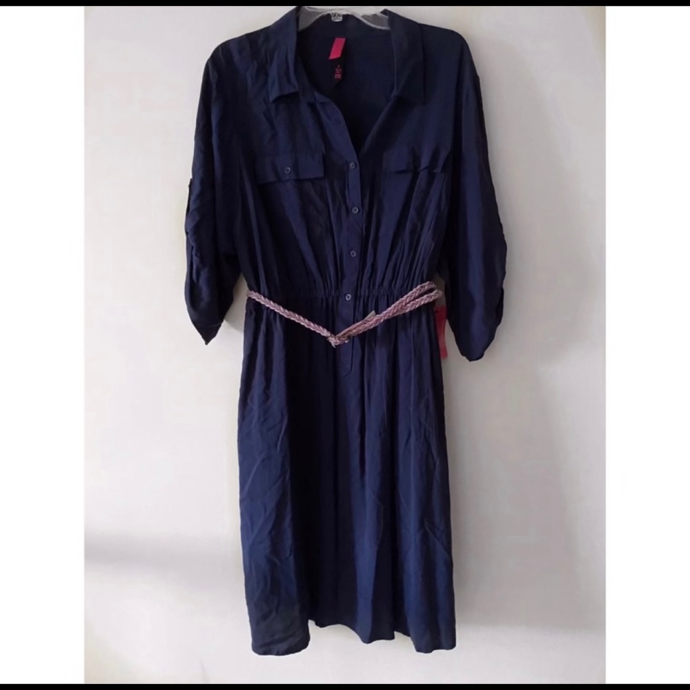 Navy Blue Belted Button-front V-neck Collared Midi Dress Size L